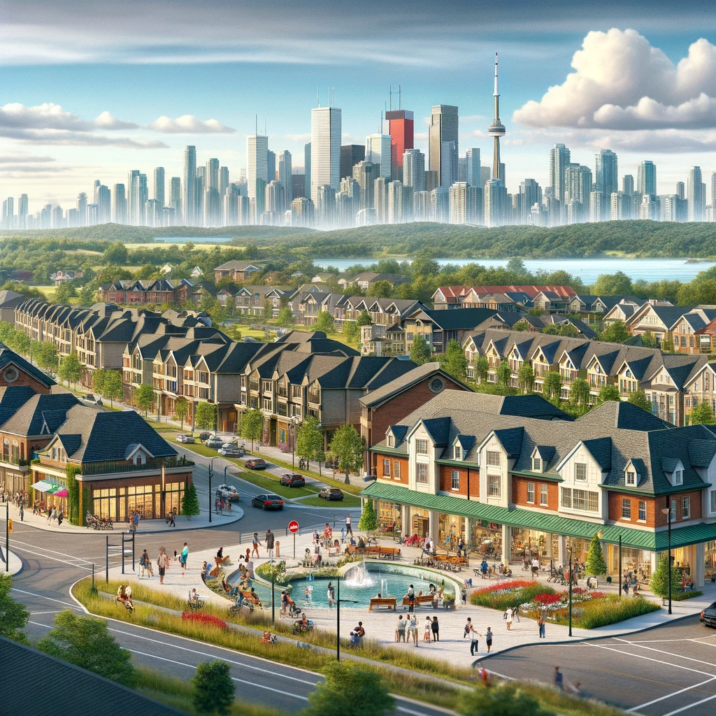 An illustration of Aurora, Ontario in 2024, with the Toronto skyline in the distance. In the foreground, Aurora's landmarks like the Cultural Centre and Town Park are visible. The town showcases a mix of modern and traditional homes with people engaging in various activities, highlighting a vibrant community life. The distant Toronto skyline adds a metropolitan contrast to Aurora's charming local scenery
